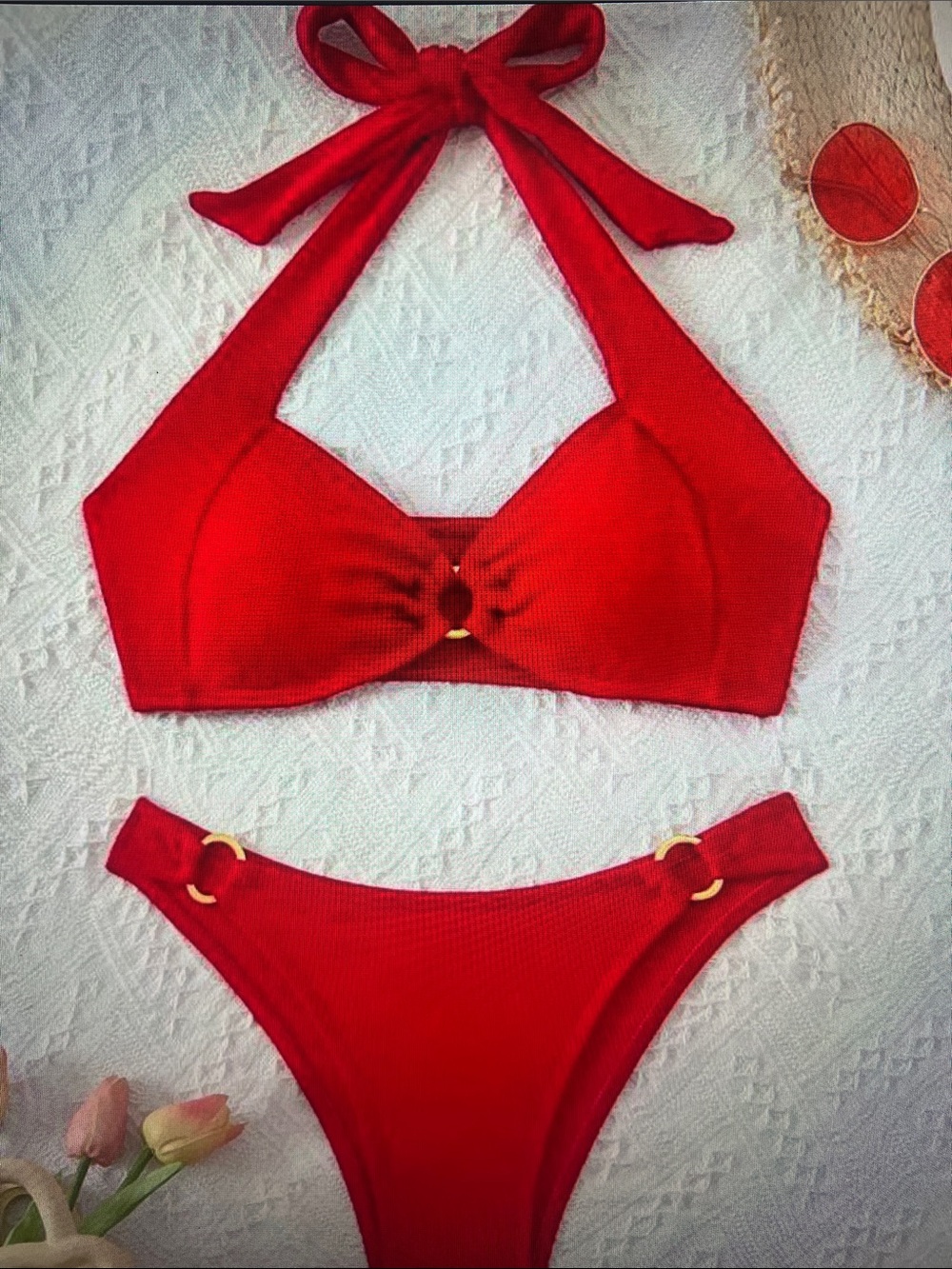 Red Halter Bikini Set with Gold Ring Accents - Women Swim